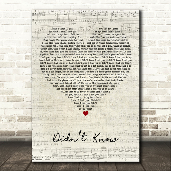 Tom Zanetti Didnt Know Script Heart Song Lyric Wall Art Canvas Framed Print