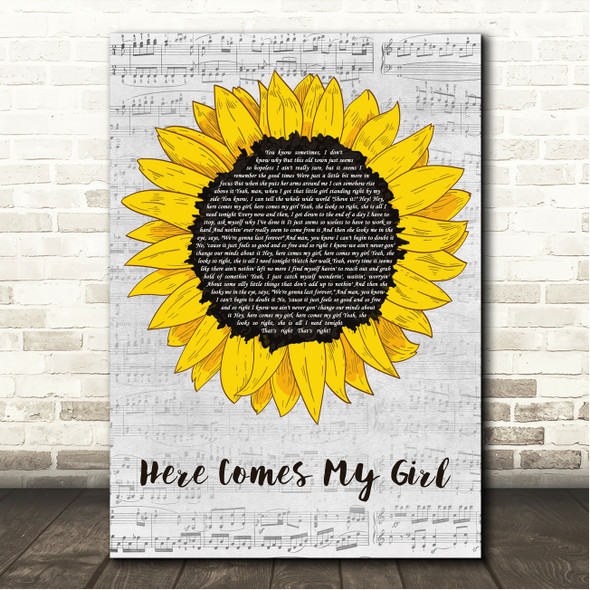 Tom Petty And The Heartbreakers Here Comes My Girl Grey Script Sunflower Song Lyric Wall Art Canvas Framed Print
