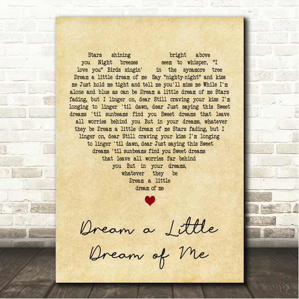 The Mamas & The Papas Dream a Little Dream of Me Vintage Heart Song Lyric Wall Art Canvas Framed Print