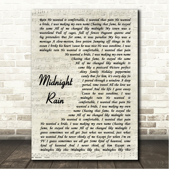 Taylor Swift Midnight Rain Vintage Script Song Lyric Wall Art Canvas Framed Print
