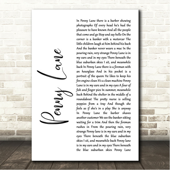 The Beatles Penny Lane White Script Song Lyric Wall Art Canvas Framed Print