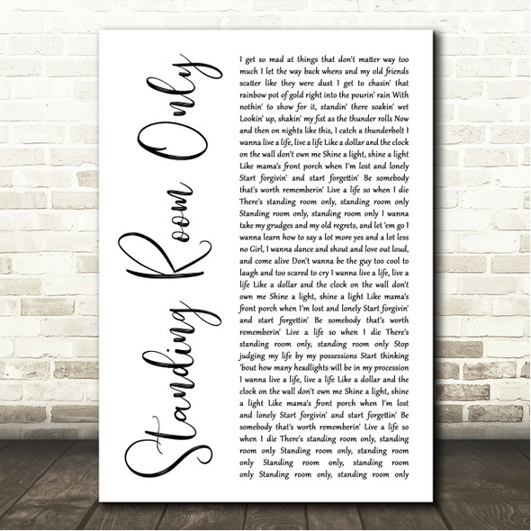 Tim McGraw Standing Room Only White Script Song Lyric Wall Art Canvas Framed Print