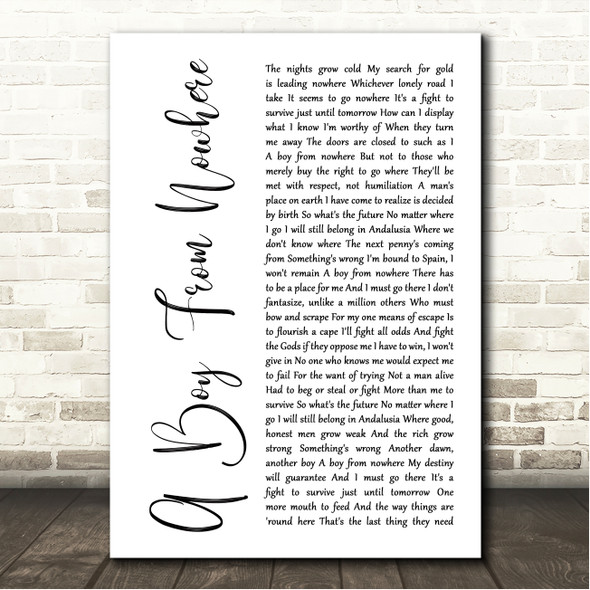 Tom Jones A Boy From Nowhere White Script Song Lyric Wall Art Canvas Framed Print