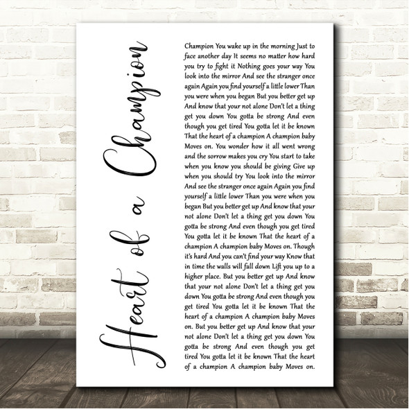 Troy Horne Heart of a Champion White Script Song Lyric Wall Art Canvas Framed Print