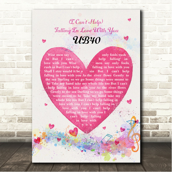 UB40 (I Can't Help) Falling In Love With You Pink Heart Colourful Music Notes Song Lyric Wall Art Canvas Framed Print