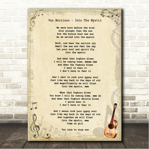 Van Morrison Into The Mystic Vintage Guitar Song Lyric Wall Art Canvas Framed Print