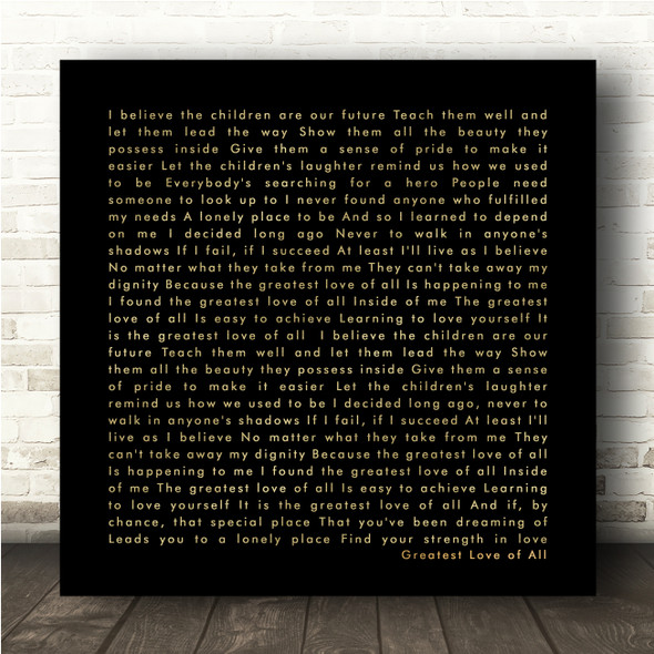 Whitney Houston Greatest Love of All Black Gold Square Script Song Lyric Wall Art Canvas Framed Print