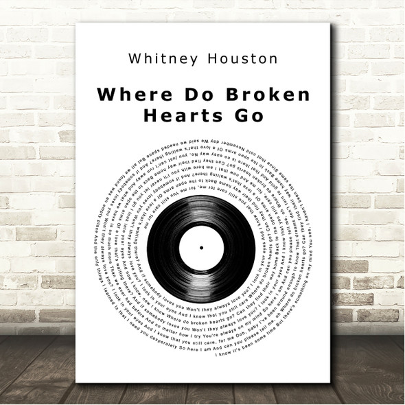 Whitney Houston Where Do Broken Hearts Go Vinyl Record Song Lyric Wall Art Canvas Framed Print