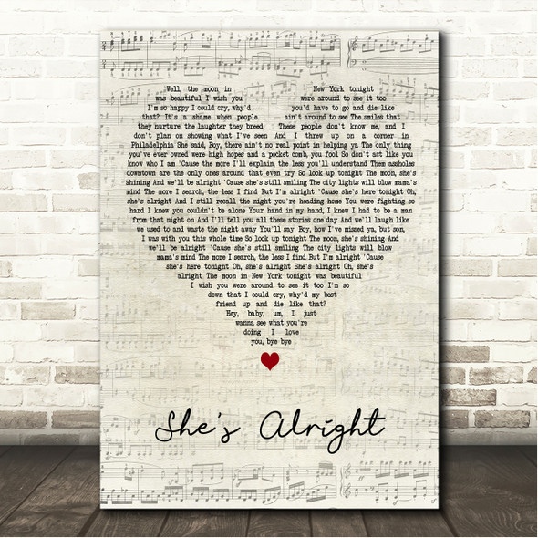 Zach Bryan Shes Alright Script Heart Song Lyric Wall Art Canvas Framed Print