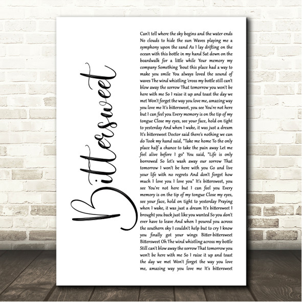 Zac Brown Bittersweet White Script Song Lyric Wall Art Canvas Framed Print