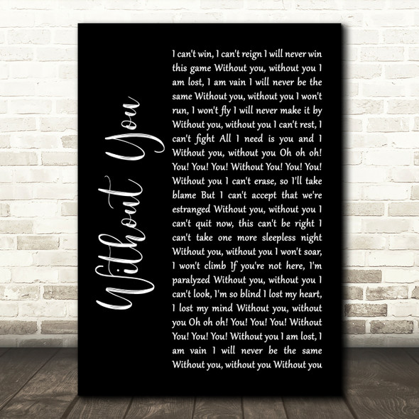 David Guetta Without You Black Script Song Lyric Wall Art Print
