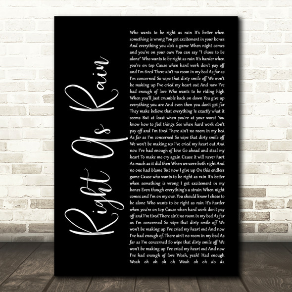 Adele Right As Rain Black Script Song Lyric Quote Print