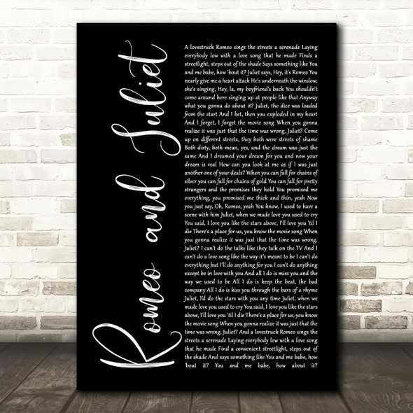 Dire Straits Romeo And Juliet Black Script Song Lyric Quote Print