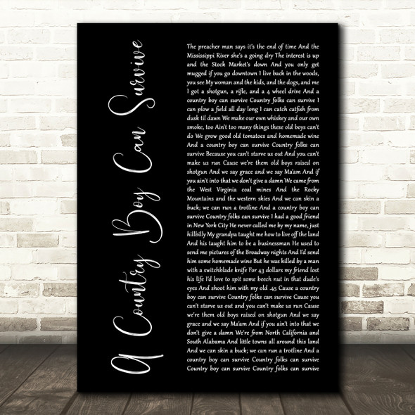 Hank Williams Jr. A Country Boy Can Survive Black Script Song Lyric Music Art Print
