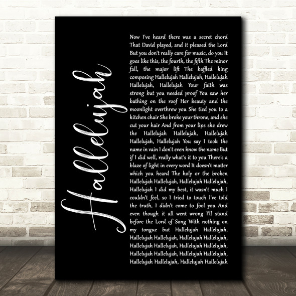 Leonard Cohen Hallelujah Black Script Song Lyric Quote Music Print