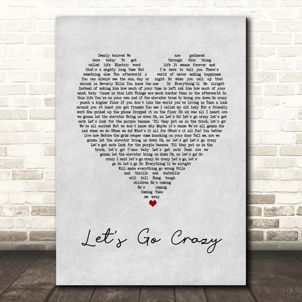 Prince And The Revolution Let's Go Grazy Grey Heart Song Lyric Print
