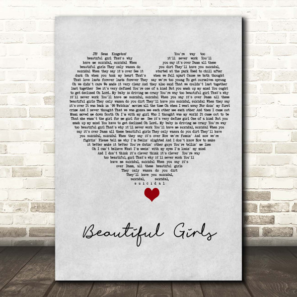Sean Kingston Beautiful Girls Grey Heart Song Lyric Print