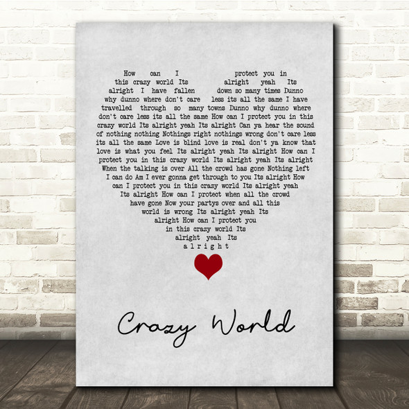 Aslan Crazy World Grey Heart Song Lyric Quote Music Print