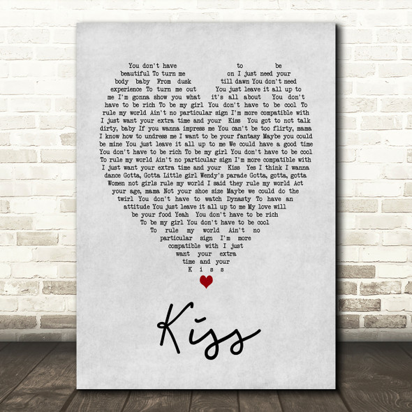 Prince Kiss Grey Heart Song Lyric Quote Print