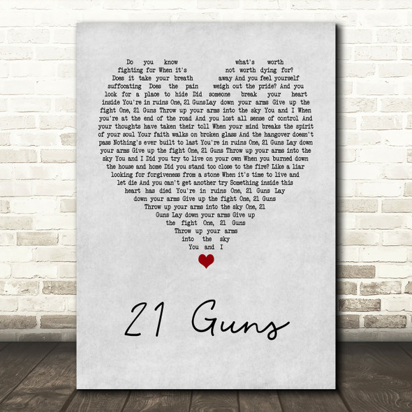 Green Day 21 Guns Grey Heart Song Lyric Print