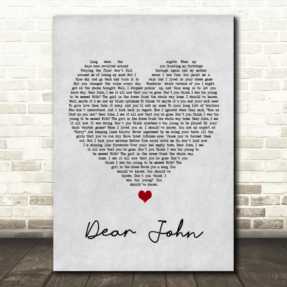 Taylor Swift Dear John Grey Heart Song Lyric Print