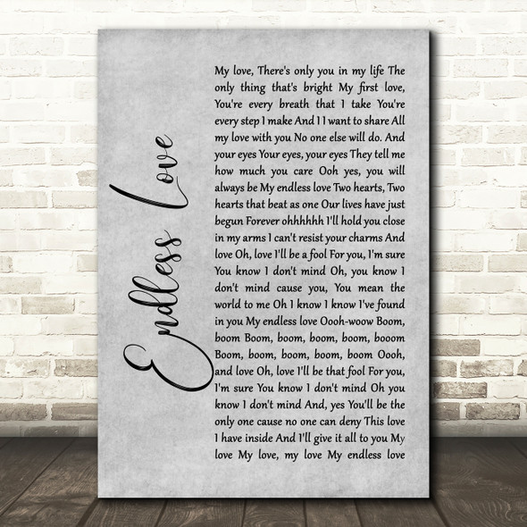 Lionel Richie & Mariah Carey Endless Love Rustic Script Grey Song Lyric Print