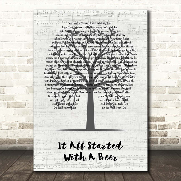Frankie Ballard It All Started With A Beer Music Script Tree Song Lyric Print