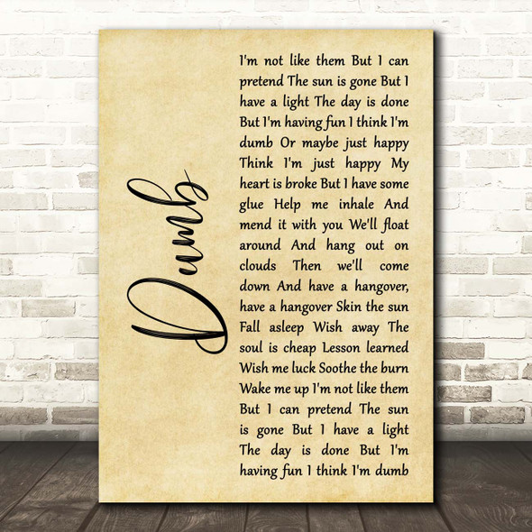 Nirvana Dumb Rustic Script Song Lyric Print
