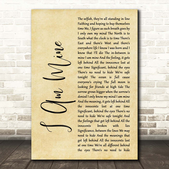 Pearl Jam I Am Mine Rustic Script Song Lyric Print