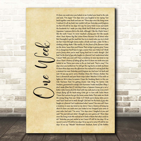 Barenaked Ladies One Week Rustic Script Song Lyric Print