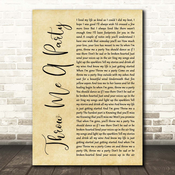 Rita Wilson Throw Me A Party Rustic Script Song Lyric Print
