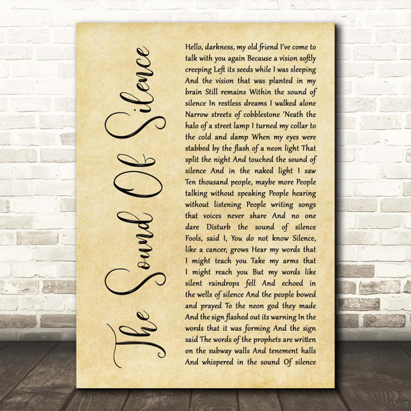 Simon & Garfunkel The Sound Of Silence Rustic Script Song Lyric Print