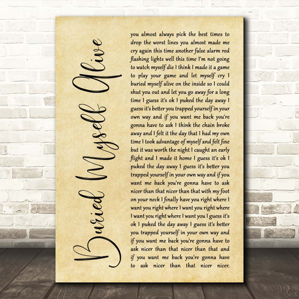 The Used Buried Myself Alive Rustic Script Song Lyric Print