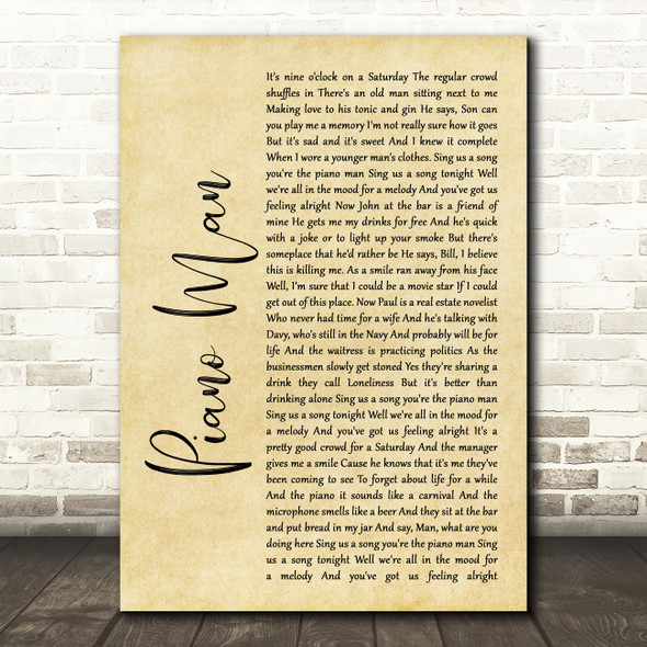 Billy Joel Piano Man Rustic Script Song Lyric Quote Music Print