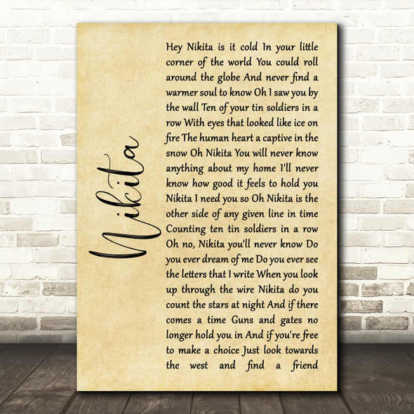 Elton John Nikita Rustic Script Song Lyric Quote Music Print