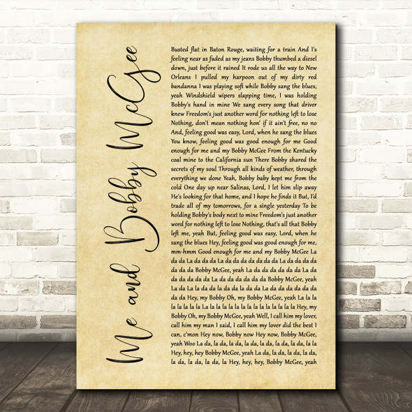 Janis Joplin Me and Bobby McGee Rustic Script Song Lyric Quote Music Print