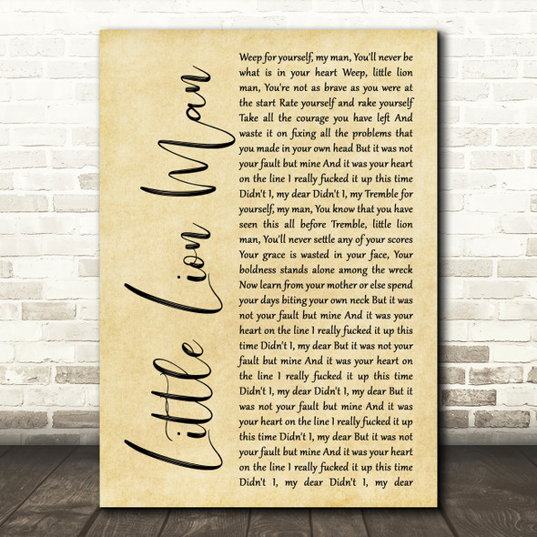 Mumford & Sons Little Lion Man Rustic Script Song Lyric Quote Music Print