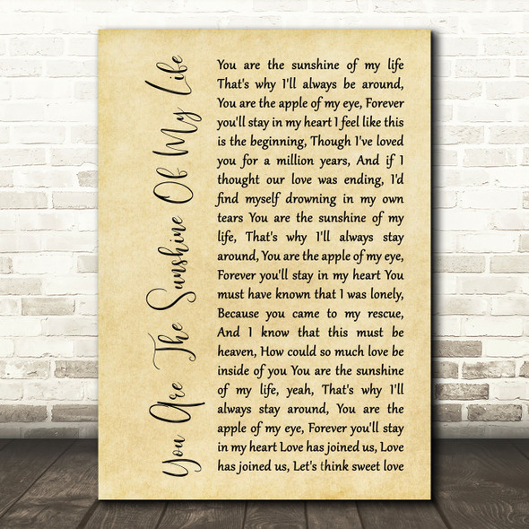 Stevie Wonder You Are The Sunshine Of My Life Rustic Script Song Lyric Quote Music Print