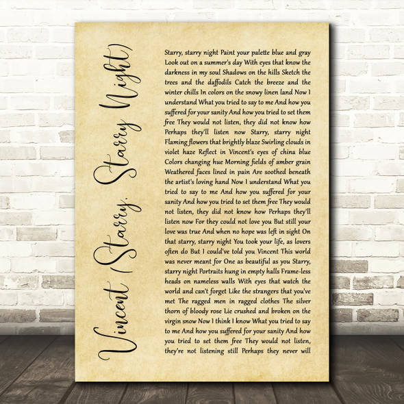 Don McLean Vincent (Starry, Starry Night) Rustic Script Song Lyric Quote Print