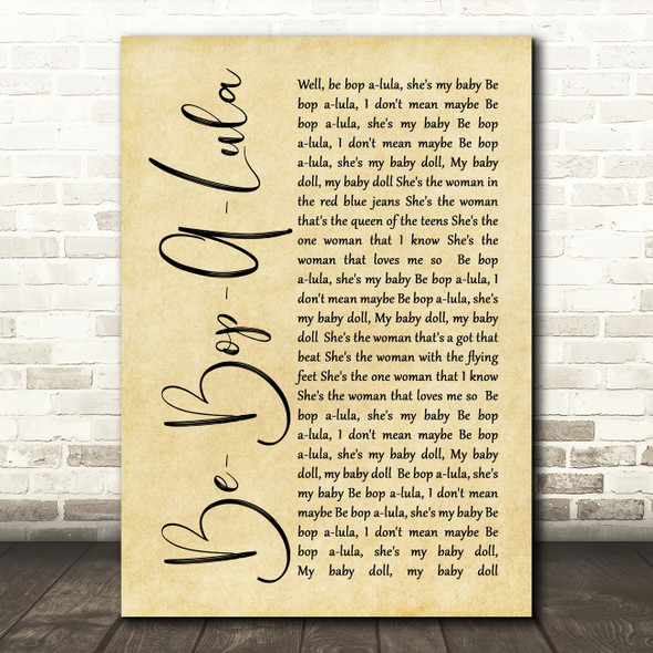 Gene Vincent Be-Bop-A-Lula Rustic Script Song Lyric Quote Print