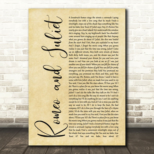 Dire Straits Romeo And Juliet Rustic Script Song Lyric Quote Print