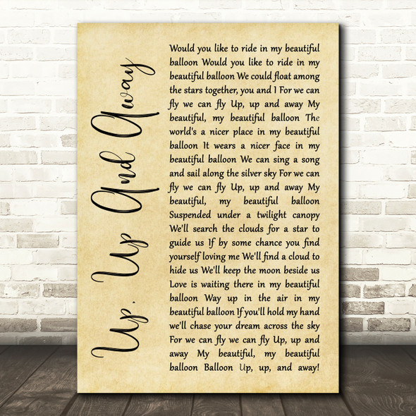 The 5th Dimension Up, Up And Away Rustic Script Song Lyric Quote Print