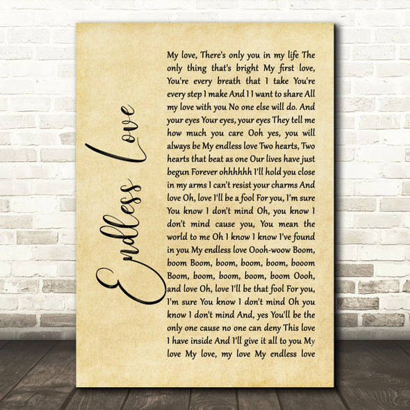 Lionel Richie & Mariah Carey Endless Love Rustic Script Song Lyric Quote Print