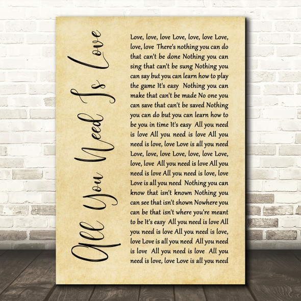 The Beatles All You Need Is Love Rustic Script Song Lyric Quote Print