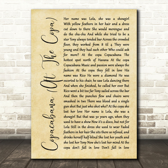 Barry Manilow Copacabana (At The Copa) Rustic Script Song Lyric Print