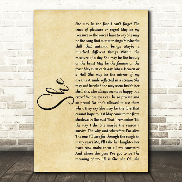 Elvis Costello She Rustic Script Song Lyric Print