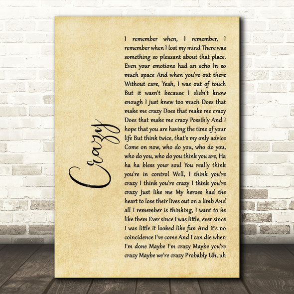 Gnarls Barkley Crazy Rustic Script Song Lyric Print