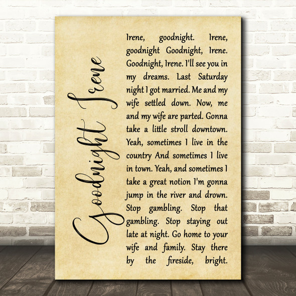 The Weavers Goodnight Irene Rustic Script Song Lyric Print