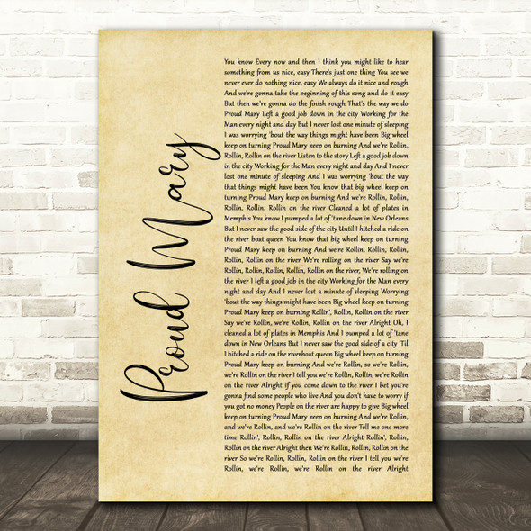Tina Turner Proud Mary Rustic Script Song Lyric Print