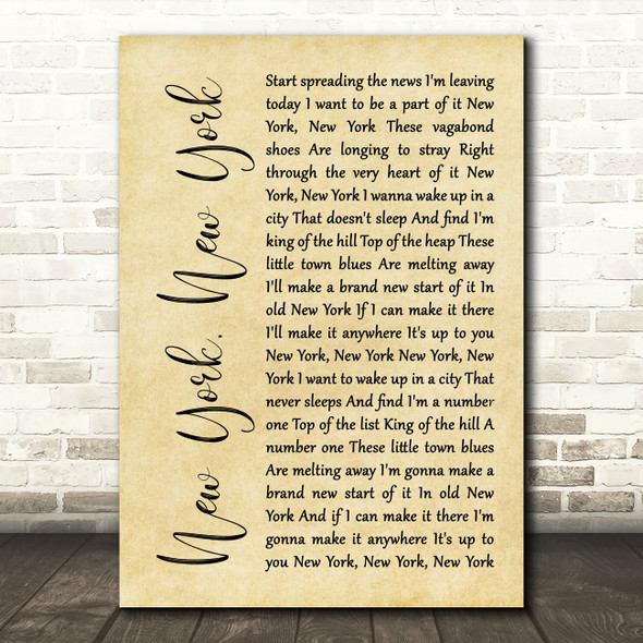 Frank Sinatra New York, New York Rustic Script Song Lyric Print